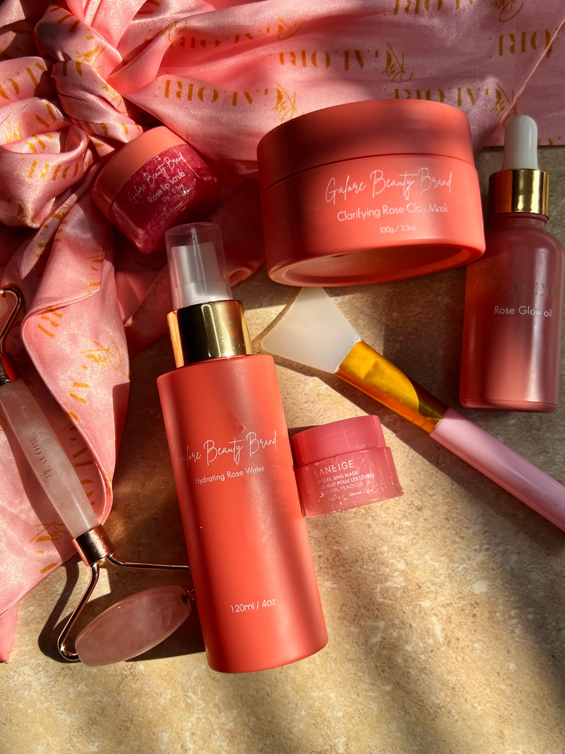 Galore Beauty Brand skincare kit products laid out – natural rose ingredients for all skin types