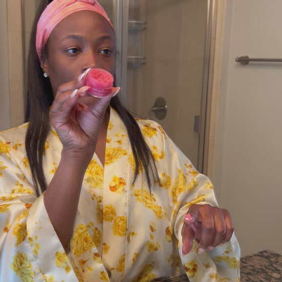 Galore Beauty Brand  Rose Lip Scrub in use - natural lip exfoliation and plumper for dry and cracked lips 