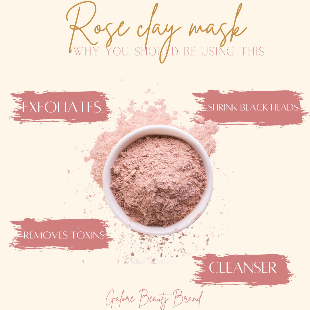 Rose Clay Mask benefits flyer - eliminates acne, smooths skin and clears pores for all skin types 