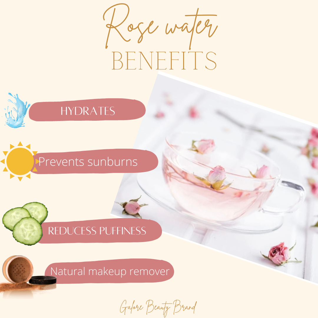 Hydrating Rose Water benefits flyer – soothes redness, tones and refreshes all skin types