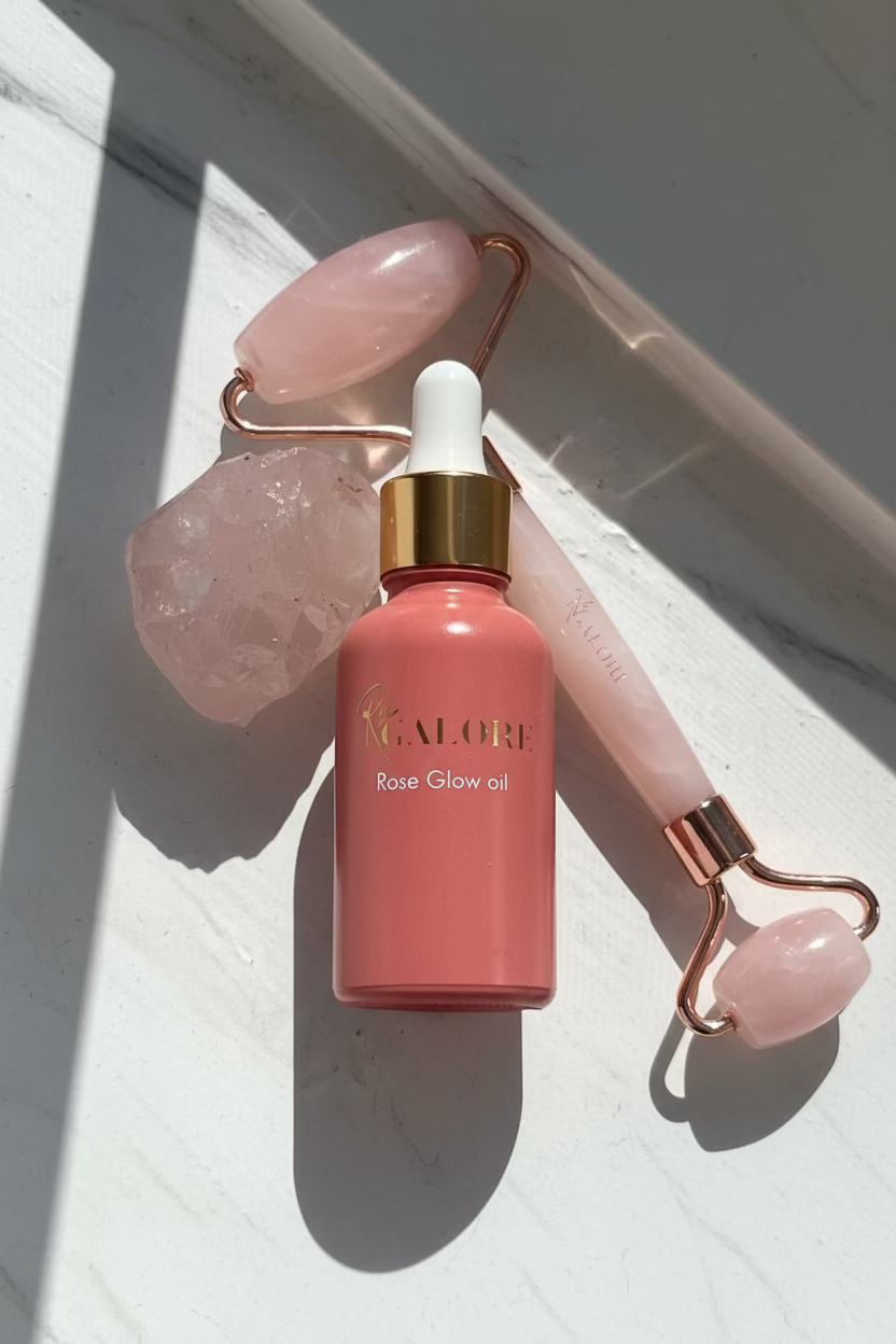Rose Quartz Face Roller by Galore Beauty Brand- natural crystal facial roller for glowing skin